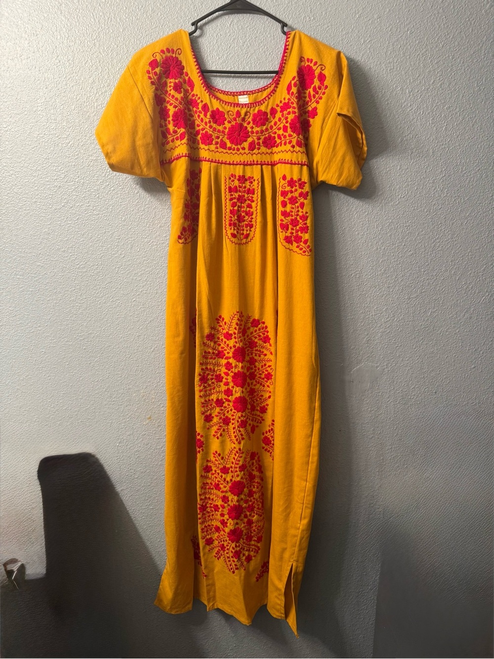 Yellow Maxi Dress with pink Floral Embroidery nwot